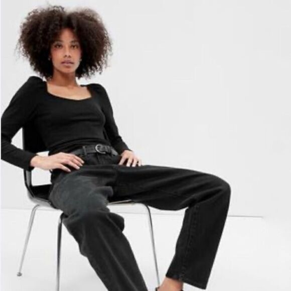 Gap Ribbed Sweetheart Puff Long Sleeve Top - Picture 1 of 7